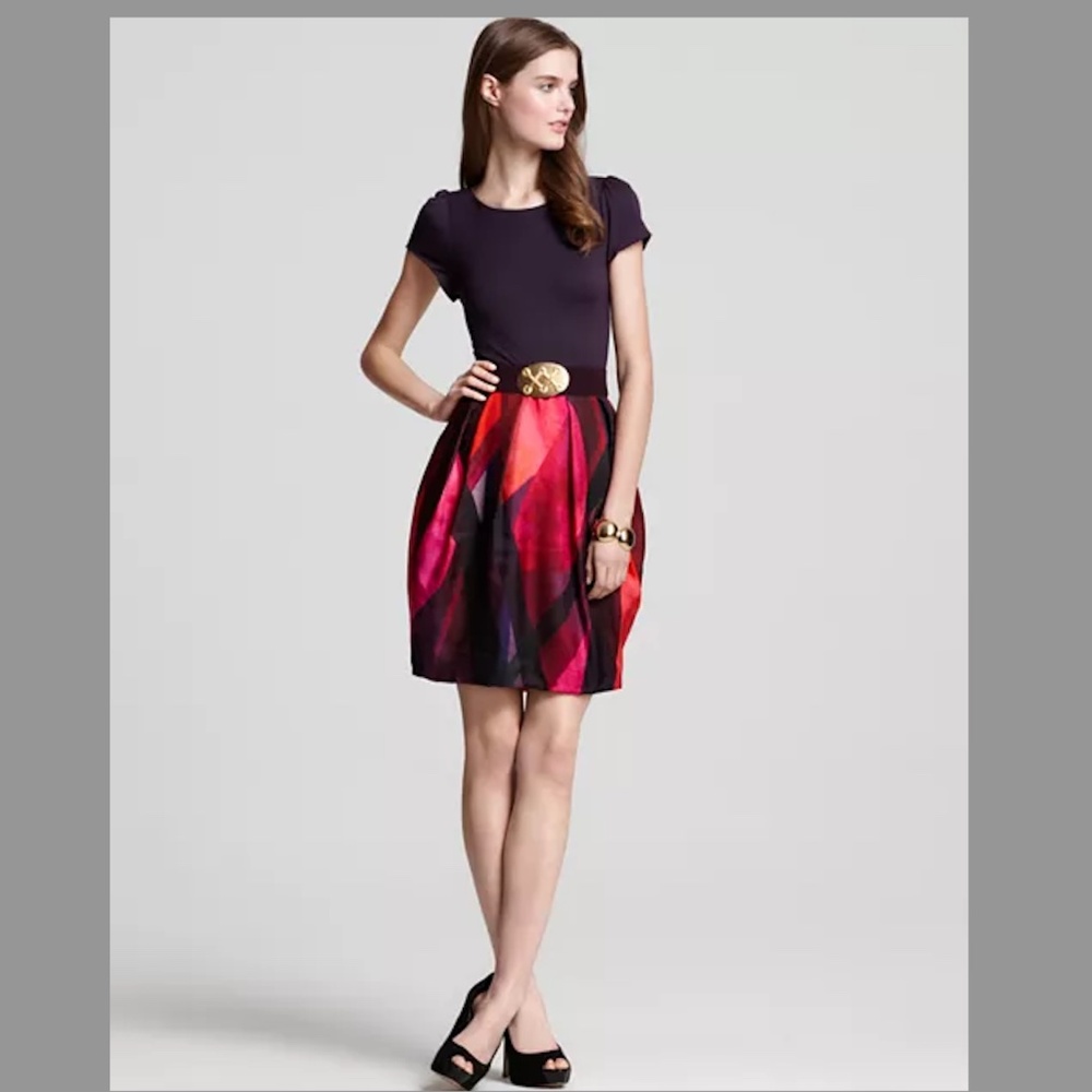 Alice + Olivia Andrea Poof Dress Silk Blend Dress. Purple Red Pink